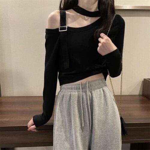 Women Sweater Off Shoulder O Neck Pullovers Hollow Out Irregular Knitted Top Long Sleeve Fashion New Korean Style Jumpers