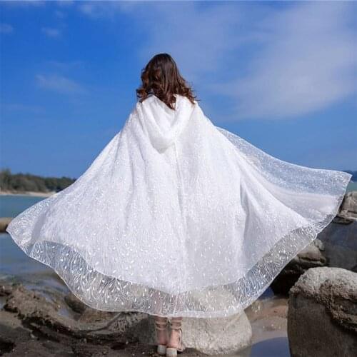 Pretty White Shawl Cloak Hooded Holiday Sun Protection Clothing Loose Lace Long Cardigan Embroidery Cape Outer Wear Women y1391