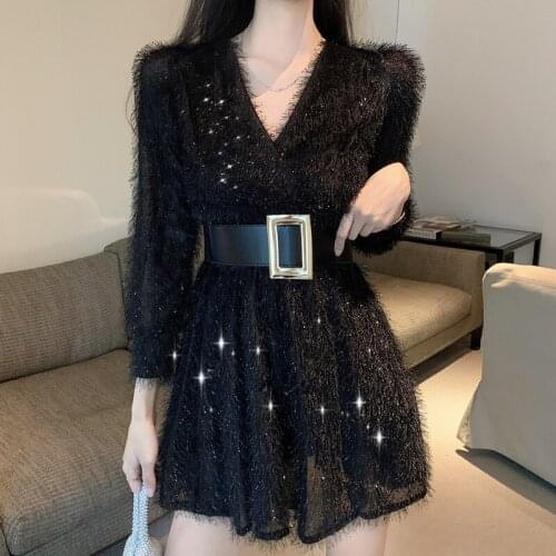 Womens Autumn New Style Retro Hepburn Style V-Neck French Sexy Birthday Party Black Tassel Dress