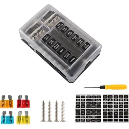 12 Ways Blade Fuse Block M5 Stud Fuse Box Holder with LED Indicator Plastic Cover for Auto Car Marine Light 32V