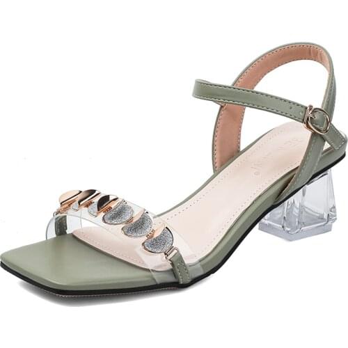 2021 New Summer Womens Sandals Sequins Crystal Thick Heel High-Heeled Buckles Rubber Sole Big Size Lady Shoes