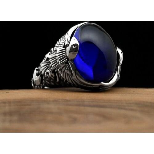 925 Sterling Silver Ring for Men Blue Zircon Agate Onyx Stone Jewelry fashion vintage Gift Mens Rings All Size Made in Turkey