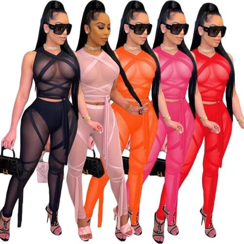 Adogirl Mesh Sheer Summer Two Piece Set Lace Up Crop Top And High Waist Pants for Women Sexy See Through Club Matching Sets