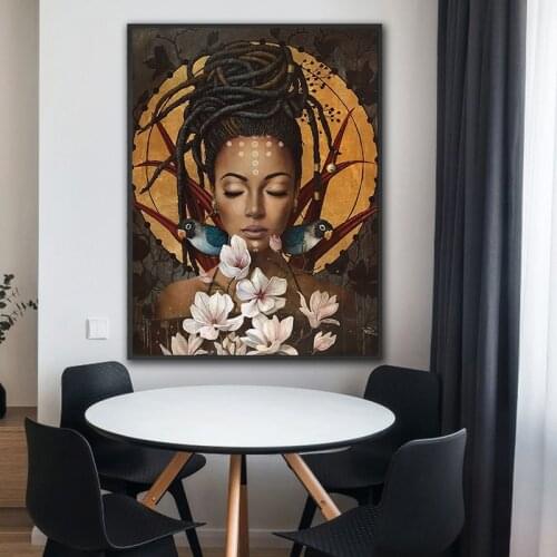 Africa girl with flowers birds wall painting art retro figure canvas painting on the wall poster picture home decoration