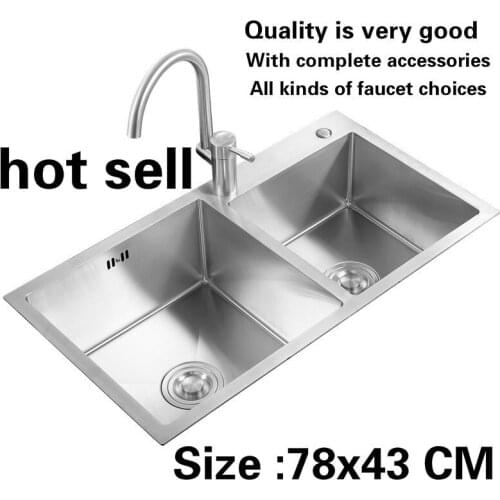 Free shipping Luxury kitchen manual sink double groove wash the dishes durable 1 mm food grade stainless steel hot sell 78x43 CM