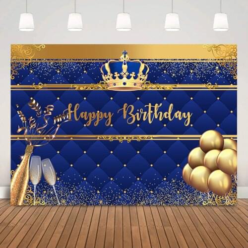 Royal Blue Prince Happy Birthday Backdrop Gold Glitter Balloons Newborn Baby Birthday Background Champagne Dots Photo Shoot