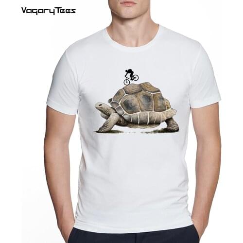 Mens Creative Bikepacking with Aldabra giant tortoise Print Short Sleeve T-Shirt Hipster O-neck Design Tops Cool Desgin Tee