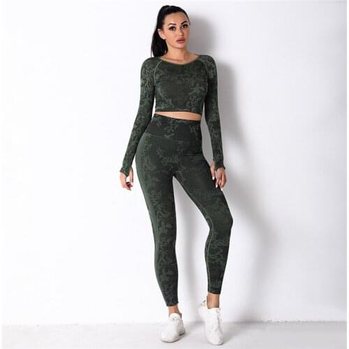 Camouflage Push Up Slim Yoga Set for Women 2021 Fashion Sports Running Jogging Fitness Suit Long Sleeve Shirts and Yoga Pants