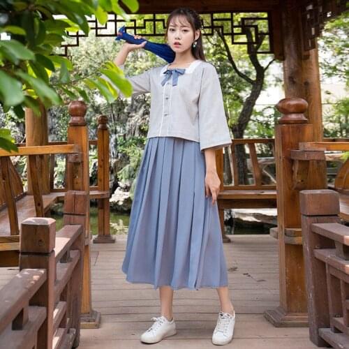 Republic of China style retro style square collar seven point sleeve dress Han womens Chinese element student skirt