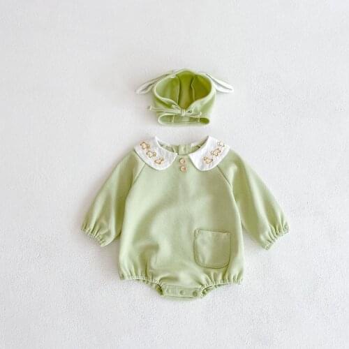 2021 Autumn New Born Baby Girl Clothes Dog Embroidery Collar Bodysuit Infant Outfits Kids Long Sleeve Jumpsuit With Hat 0-24M