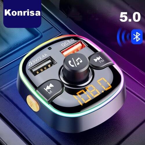 Konrisa Car FM transmitter Bluetooth 5.0 Hands-free Call QC3.0 Fast Charging Support U Disk TF Card MP3 Player Car FM Modulator
