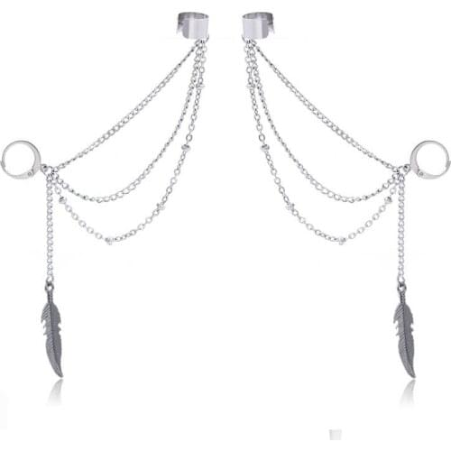 Korean Long Tassel Chain Earrings Feather Stainless Steel Earring for Men Boy Fashion Punk Cool Male Jewelry