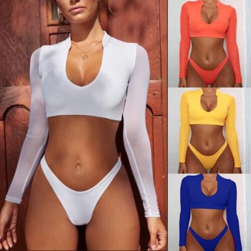 Mesh Long Sleeve Swimwear Biquinis Push Up Swimsuit Brazilian Bikinis maio feminino praia Two Pieces Swimming Suit Banador Mujer