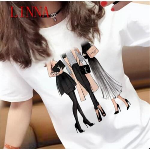LINNA Womens cute printed Harajuku T-shirt white slim casual T-shirt short-sleeved T-shirt fashion womens T-shirt