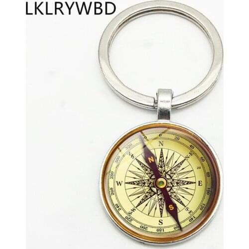 LKLRYWBD Retro Compass Direction Indicator Pin Key Ring Key Ring Jewelry Pendant Convex Glass Keychain Friend Gift