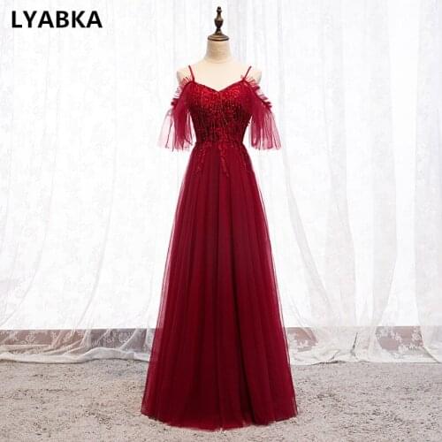 Sweetheart Evening Dress Elegant Robe De Soiree Burgundy Tulle With Beading Evening Dresses Long Dress 2020 Vestidos De Festa