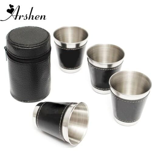 Arshen 4pcs 70ml Stainless Steel Wine Alcohol Water With Leather Wrap Bottle Hip Flask Water Bottle Outdoor Travel Drinkware