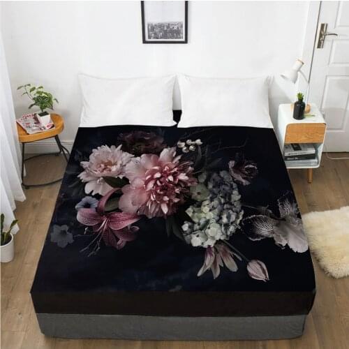 Mattress Cover Fitted Sheets With Elastic Band Bed Linens Bedsheet 160X200/200X200CM Size 3D Printed Black Flowers Adults