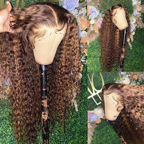 Curly Highlight Wig Human Hair Ombre Lace Front Blonde Honey Colored Wig Deep Wave Frontal Wigs Brazilian Water Wave T Part Wigs
