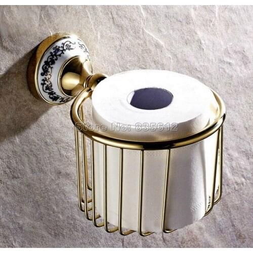 Luxury Gold Color Brass Wall Mounted Bathroom Toilet Paper Roll Holder Basket Wba257