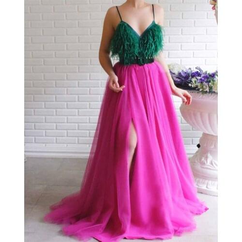 Tulle Feather Prom Dresses Spaghetti Straps V Neck High Split Formal Evening Party Ball Gowns Robe De Soiree