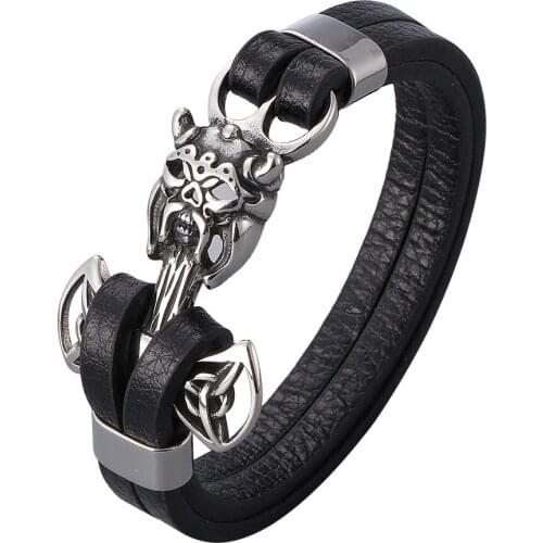 Vintage Leather Bracelet Men Jewelry Stainless Steel Easy Hook Soldiers Head Buckle Bangles Gifts