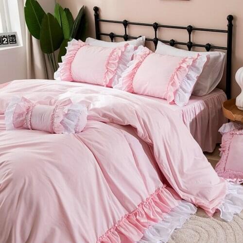 Amazing luxury bedding set pink queen size embroidery ruffle lace romantic duvet cover bedspread princess Warm pillowcase HM-18P
