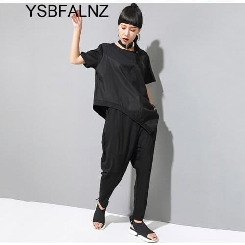 Womens Black Irregular Split Joint Plus Size T-shirt Round Neck Fashion Spring Summer 2021 Loose Clothes Ladies Kawaii Tops New