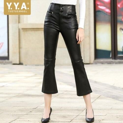Ladies Elegant High Waist Slim Fit Sheepskin Flare Pants Luxury Office Leisure Stretch Real Leather Trousers Street Buttons Pant