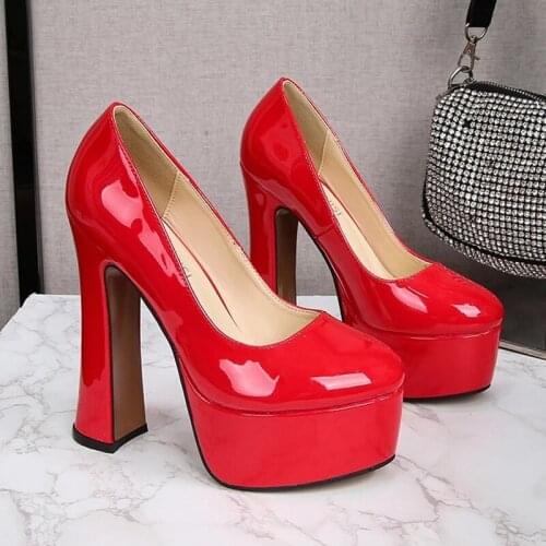 Big Size 41-47 Patent Leather Red Wedding Shoes 2021 Women Round Toe Super High Heels 16cm Pumps Sexy Platform Party Shoes Woman