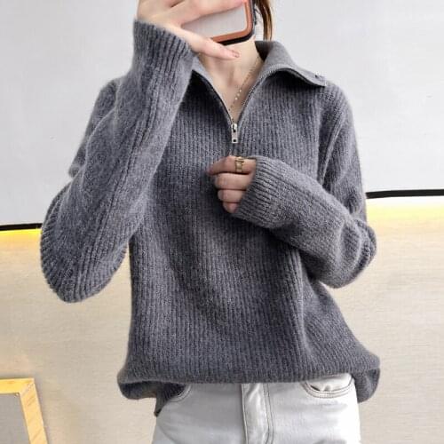 Women Cashmere Sweater 2021 Autumn Winter Pullovers Female Turn Down Collar Zippers Knitwear Short Casual Coat Pullover Tops