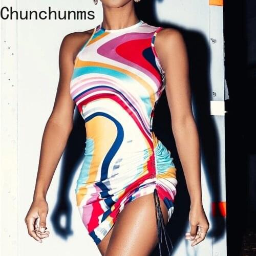 Women Tie Dye Print Sleeveless Bandage Ruched Bodycon Sexy Pack Hip Mini Dress Summer Fashion Outfits Club Y2K Beachwear 2021