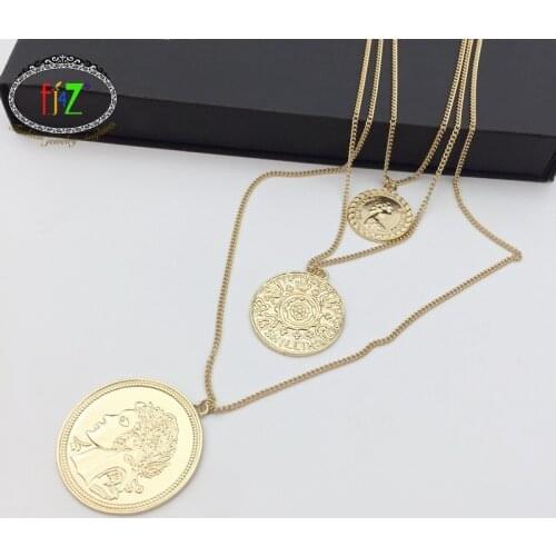 F.J4Z Fashion Vintage Coins Pendant Necklace for Women Gold Tone 3 Layered Female Necklace Accessories collares para mujeres