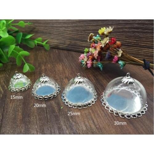 5sets 15/20/25/30mm Transparent half round glass globes silver plated filigree crown double lace edge base tray vial pendants