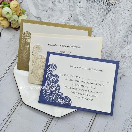50 pcs/lot Navy Blue Gold Ivory Laser Cut RSVP Card Personalized Print Small Invitations Custom Wedding Cards