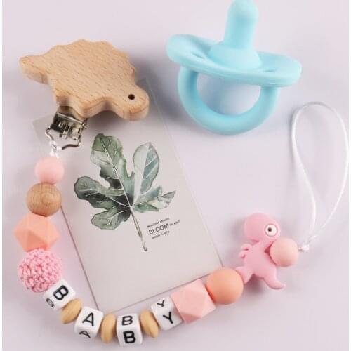 Dinosaur wooden pacifier clip safe teething chain baby teether environmentally friendly fake clip holder personalized name