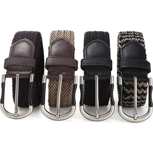 Elastic Belts Metal Buckle for Men Women Fashion Braided Stretch Belt Woven Canvas Waist Black Leather Loop for Jean Pants 105cm