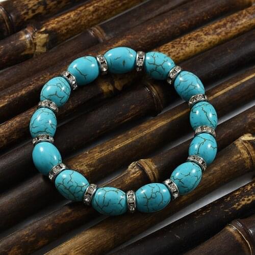 Ethnic Turquoises Stone Bracelets for Women Bohemian Charm Jewelry Rhinestone Elastic Bracelet Tribal Indian Holiday Party Gift