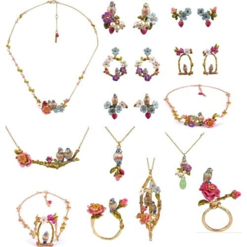 European and American Blue Tit Series Jewelry Set Enamel Glaze Pink Flower Love Bird Necklace Stud Earrings Earrings Ring