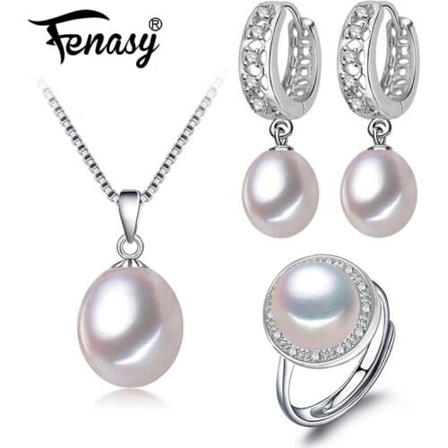 FENASY Geometric Pearl Jewelry Sets Natural Pearl Earrings 925 Sterling Silver Pendant Necklace For Women Fashion Cute Ring