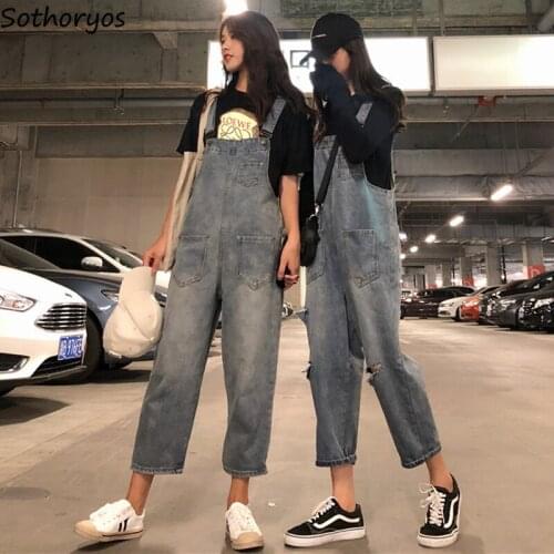 Jumpsuits Women Ulzzang Streetwear Korean Style Loose Vintage Denim High Waist Hole Ankle-length Big Pockets Womens Playsuits