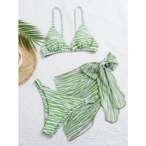 Zebra Pattern Bikini Three Piece Striped Swimwear Women Mesh Skirt Sexy Swimsuit Animal Print 2021 New