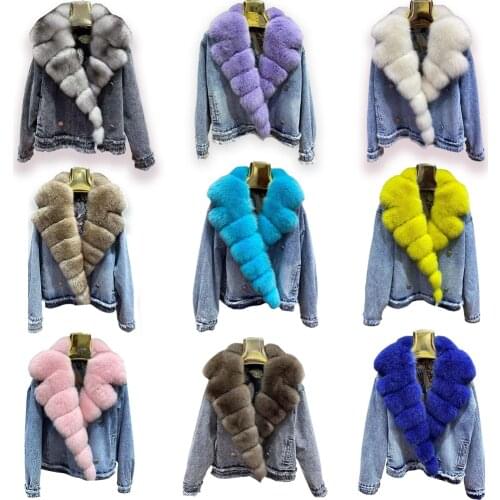 FURSARCA Real Fox Fur Collar Coat Fashion Womens Denim Jacket 2021 Brand New High Quality Casual Street Thick Warm Outerwear