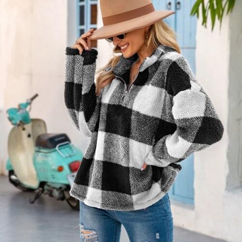 Fashion Women Autumn Winter Warm Pullover Top Long Sleeve Plaid Fleece Sweatshirt Elegant Ladies Hoodies Casual Streetwear