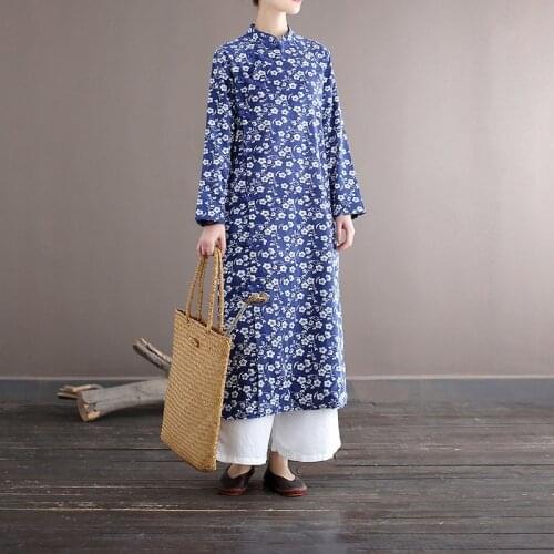 2021Fall Women Vintage Chinese Style Dress Lady Elegant Long Dresses Female Floral Printed Loose Casual Retro Robe Vintage Femme