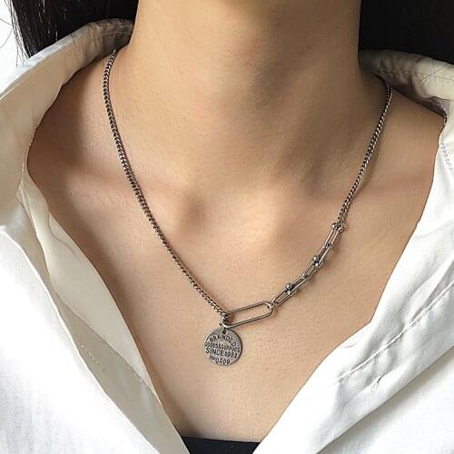925 Silver Trendy Necklace for Women Couples Vintage Simple Alphanumeric Pendant Round Card Clavicle Chain Party Jewelry