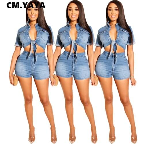 CM.YAYA Women Denim Sets Short Sleeve Single Breasted Bangdage Crop Tops Zip Sheath Elastic Short Pants 2 Piece Set Streetwear