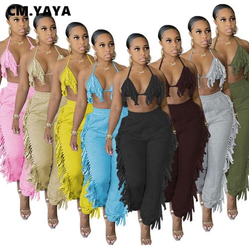 CM,YAYA Beach Sexy Womens Tracksuit Solid Tassel Splicing Jogger Pants and Bra Matching Two 2 Piece Set Yoga Sweatsuit Outfits