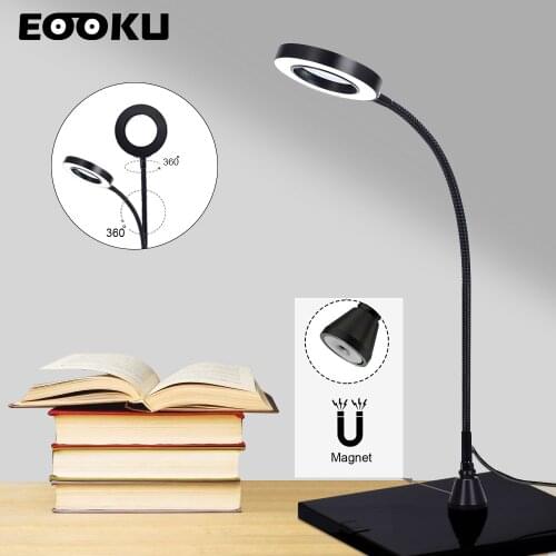 EOOKU USB DC 5V LED Reading Table Lamp with Magnetic Base 3 Colors Adjustable Eye Protection Lighting 3X Magnifier Lamp