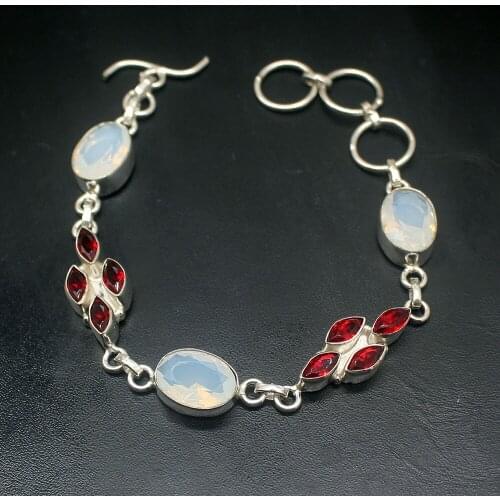Glowing Shiny White Opal Red Garnet Silver Color Charms Links Bracelets For Women 8.25 inch HD693